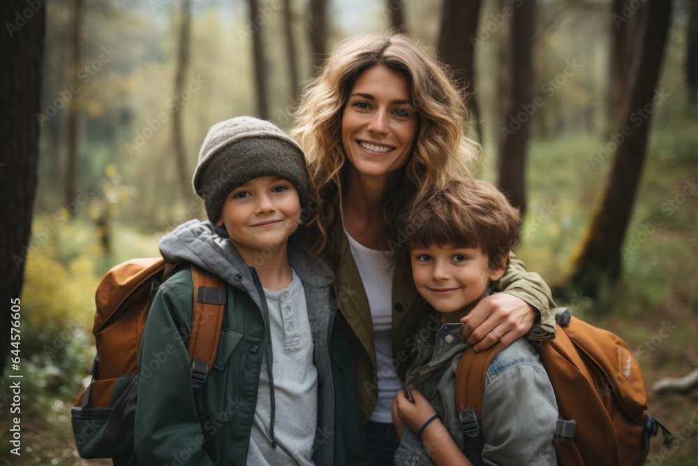 happy family Mother and child carry backpacks and go hiking in the forest. happy family Mother and child carry backpacks and go hiking in the forest.