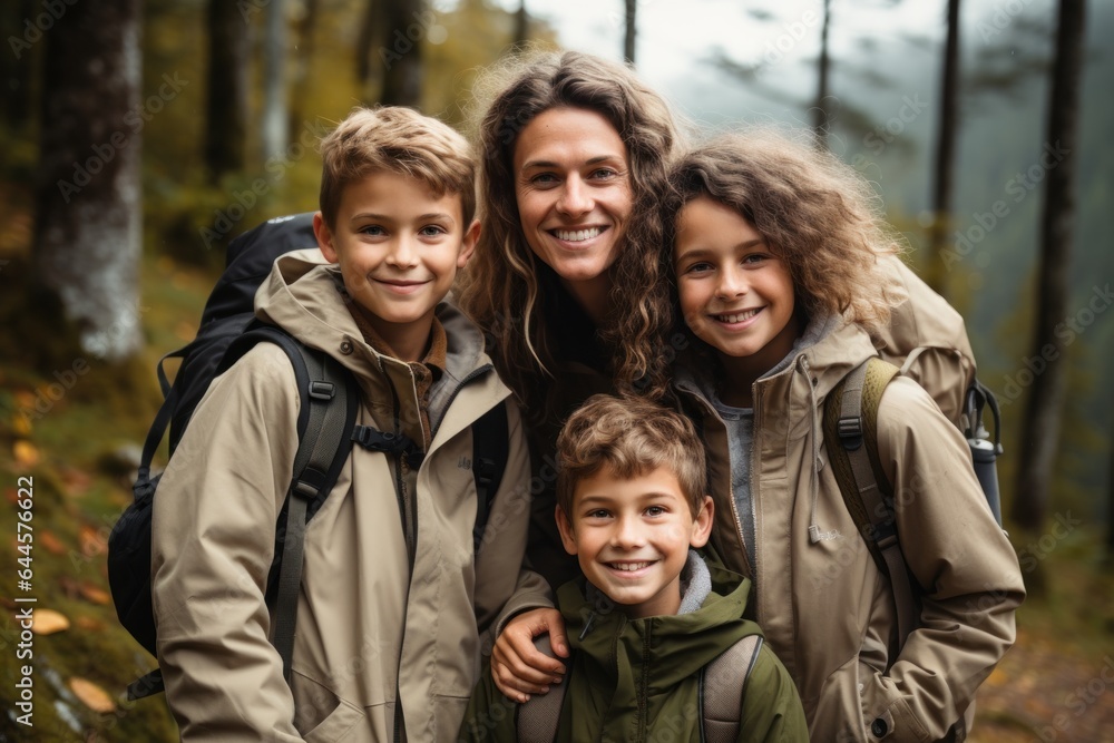 happy family Mother and child carry backpacks and go hiking in the forest. happy family Mother and child carry backpacks and go hiking in the forest.