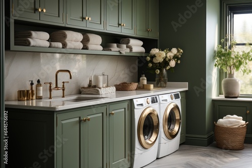 Countryside farm house laundry room interior with washing machine and baskets, interior in a cottage in a classic style photo