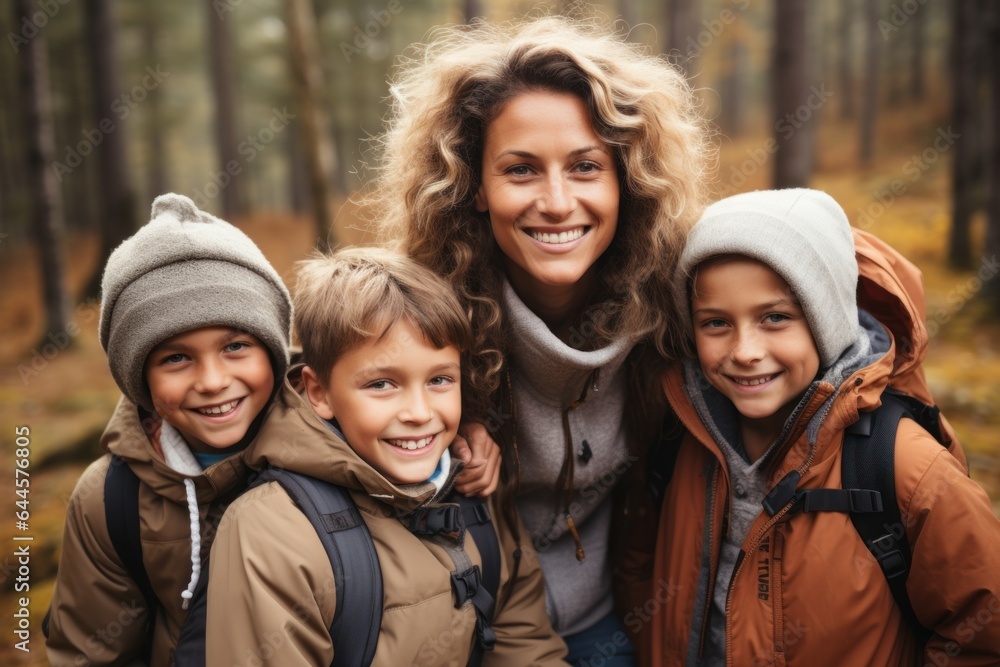 happy family Mother and child carry backpacks and go hiking in the forest. happy family Mother and child carry backpacks and go hiking in the forest.