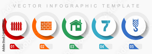 Home building icon set, miscellaneous icons such as fence, brick wall, home, gutter and crane hook, flat design vector infographic template, web buttons in 5 color options