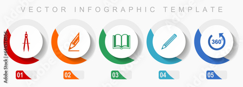 Education icon set, miscellaneous icons such as calippers, pencil, book and 360 degree, flat design vector infographic template, web buttons in 5 color options