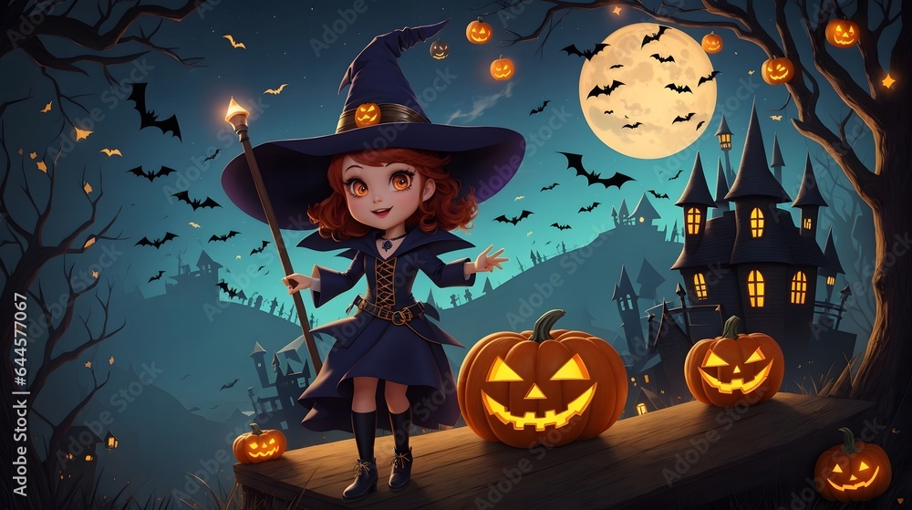 Witch Cartoon Halloween Night Background Pumpkin Halloween Moonlight Illustration Cute Witch Halloween Design AI Generative Witch Cartoon Halloween Night Background Pumpkin Halloween Moonlight Illustration Cute Witch Halloween Design AI Generative