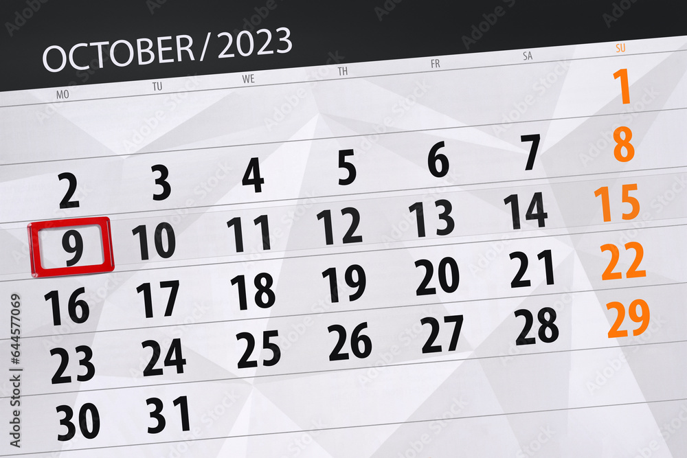 Calendar 2023, deadline, day, month, page, organizer, date, October, monday, number 9 Calendar 2023, deadline, day, month, page, organizer, date, October, monday, number 9
