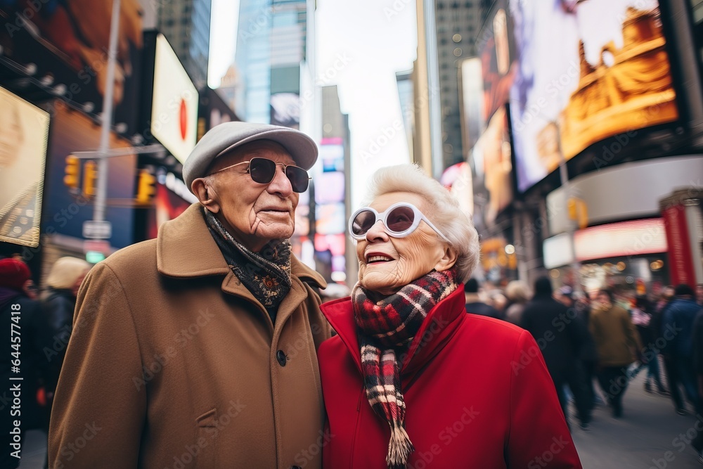 a beautiful stylish mature caucasian traditional couple enjoying urban city sightseeing on a vacation in the USA, New York, in autumn. retirement activity concept a beautiful stylish mature caucasian traditional couple enjoying urban city sightseeing on a vacation in the USA, New York, in autumn. retirement activity concept
