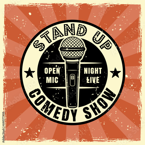 Stand up comedy show emblem, badge, label, logo in vintage colored style. Vector illustration with grunge textures on separate layers