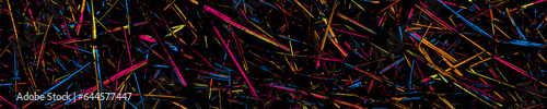 Abstract Explosion Of Confetti. Colorful Grainy Texture Isolated On Black. Colored Overlay Elements. Panoramic background. Wide horizontal long banner. Vector Illustration, Eps 10.