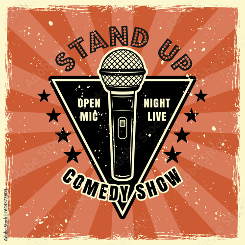 Stand up comedy show emblem, badge, label, logo in vintage colored style. Vector illustration with grunge textures on separate layers