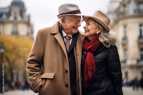 a beautiful stylish mature caucasian traditional couple enjoying urban city sightseeing on a vacation in europe, Paris, in autumn. retirement activity concept