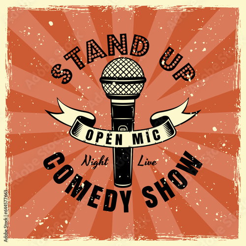 Stand up comedy show emblem, badge, label, logo in vintage colored style. Vector illustration with grunge textures on separate layers