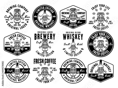 Drinks cartoon characters set of vector emblems, badges, labels or logos in monochrome style isolated on white background