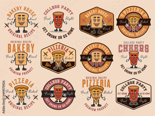 Food and drinks cartoon characters set of vector emblems, badges, labels or logos in colored style on light background