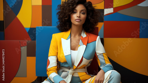 fashionista in a patchwork outfit of contrasting colors, striking a pose, set against a colorful patchwork background