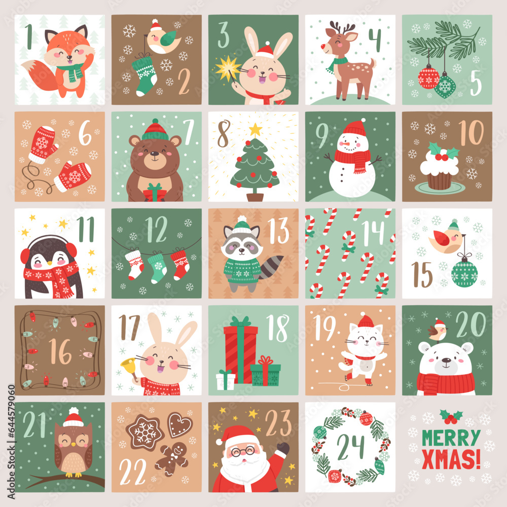 Christmas Advent calendar with cute funny characters and decoration elements. Xmas poster. Vector illustration.
