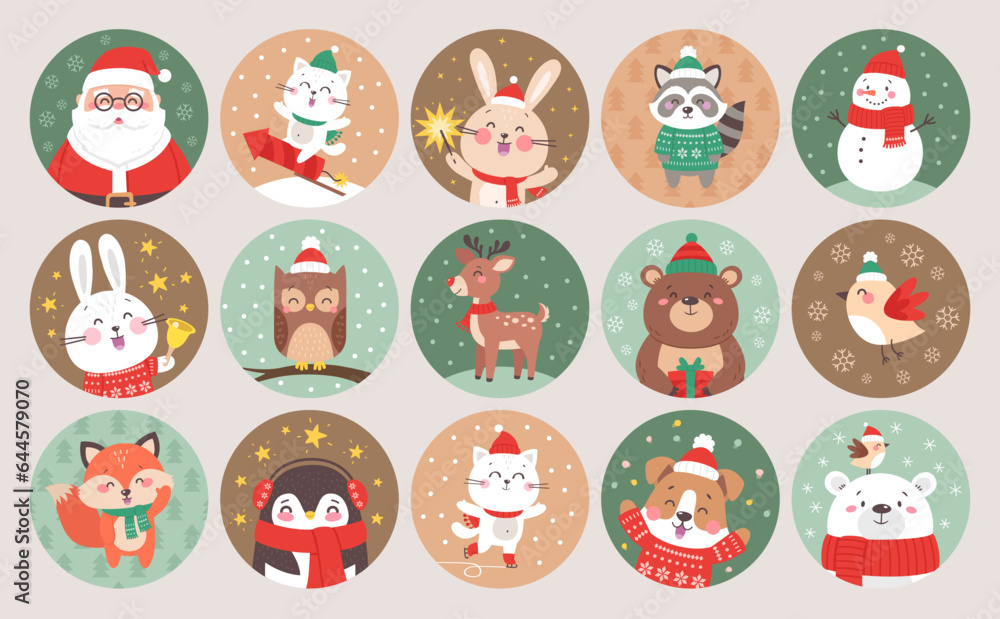 Round Christmas stickers labels with cute characters. Santa Claus, bear, snowman, penguin, bunny, fox. Merry Christmas and Happy New Year. Vector illustration. Round Christmas stickers labels with cute characters. Santa Claus, bear, snowman, penguin, bunny, fox. Merry Christmas and Happy New Year. Vector illustration.