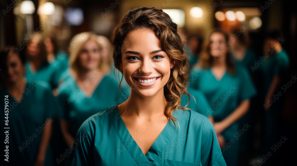 a woman in scrubs smiling in a crowded room a woman in scrubs smiling in a crowded room