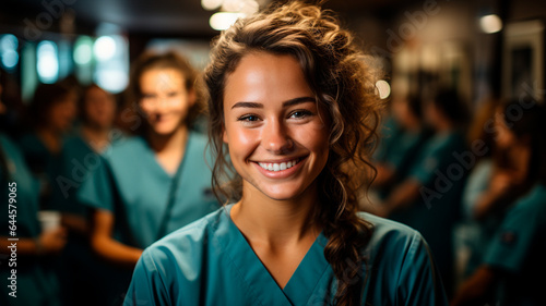  a woman in scrubs smiling in a crowded room
