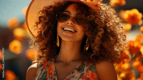  a woman with a hat and sunglasses smiling