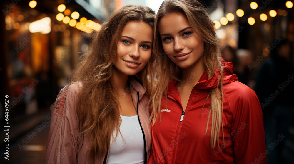  two women standing next to each other on a street