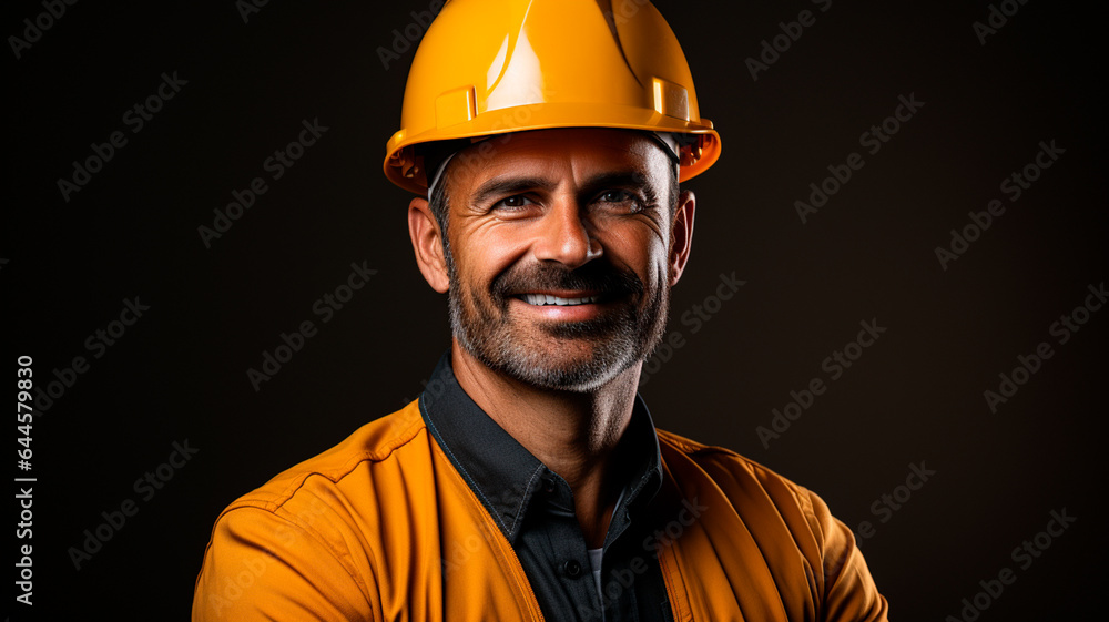 a man in a hard hat standing in front of a shelf of hard hats a man in a hard hat standing in front of a shelf of hard hats