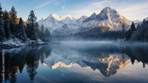 Alpine lake surrounded by snow - capped peaks, reflection of the mountains and pines in the water, dawn light © Marco Attano