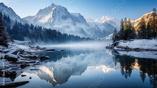 Alpine lake surrounded by snow - capped peaks, reflection of the mountains and pines in the water, dawn light