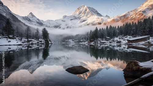 Alpine lake surrounded by snow - capped peaks, reflection of the mountains and pines in the water, dawn light
