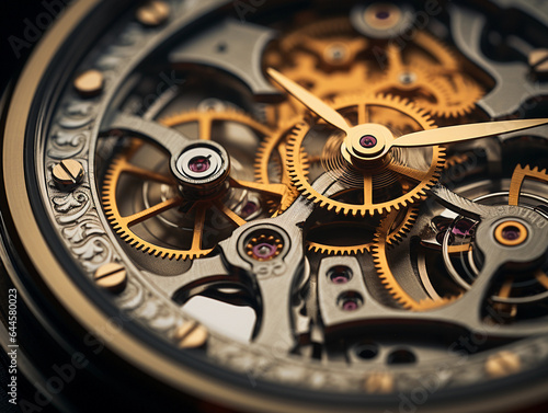 a watch gear mechanism, metallic sheen, oiled, complex details, spotlighting effect