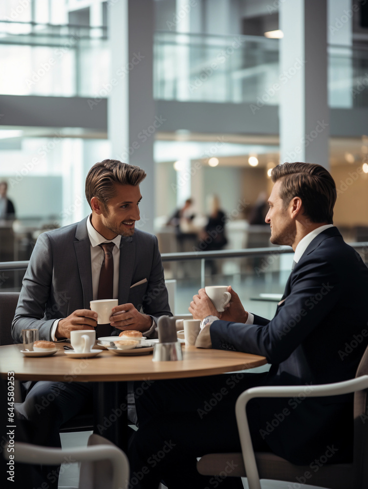 Office cafeteria scene, business professionals in suits having a casual discussion, focus on a cup of espresso on the table Office cafeteria scene, business professionals in suits having a casual discussion, focus on a cup of espresso on the table