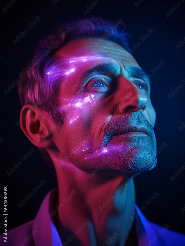 man under LED light therapy, multiple colors glowing on his face, serene expression