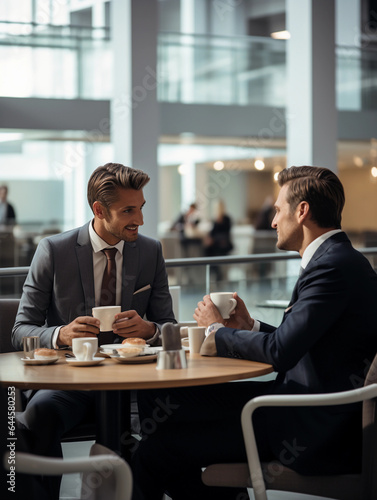 Office cafeteria scene, business professionals in suits having a casual discussion, focus on a cup of espresso on the table