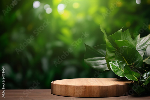 Wooden product display podium with blurred nature leaves background generative ai 