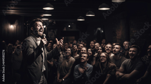 comedy club, spotlight on comedian, crowd in stitches, dark backdrop, vintage microphone