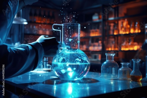 A laboratory beaker filled with a glowing liquid is the focal point of this image. The liquid is a strange, otherworldly color, and it appears to be giving off a powerful energy.  photo