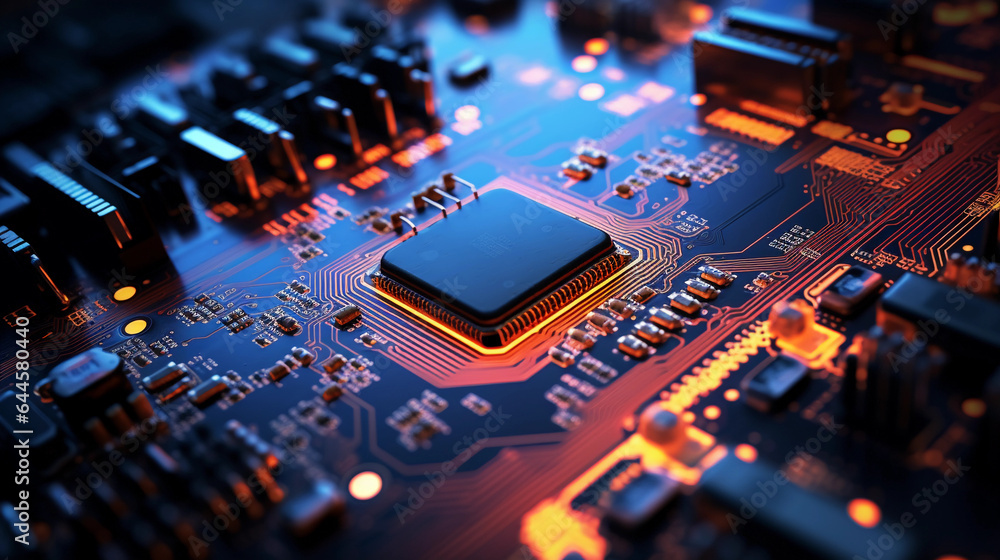 circuit board, vivid colors, electrical components, pinpoint focus, dark background, ambient lighting