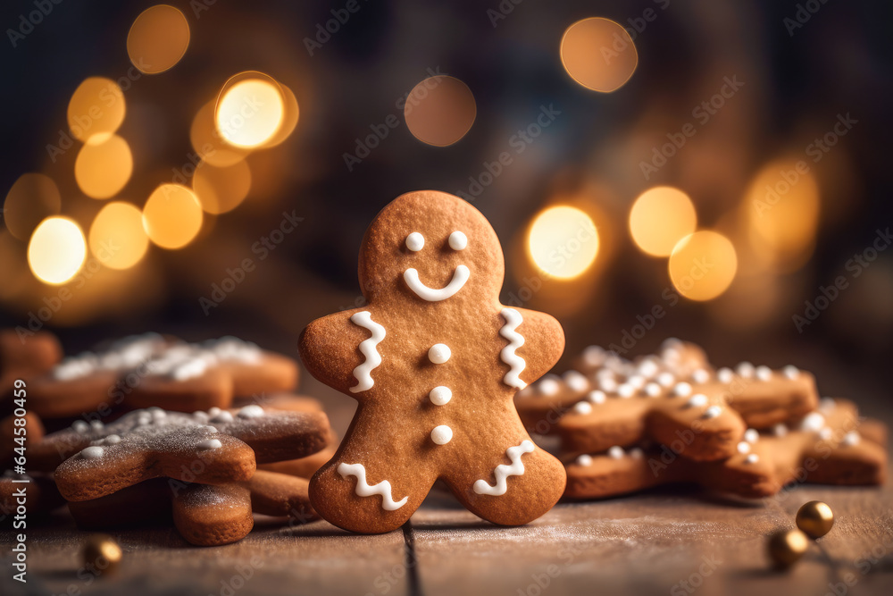 Gingerbread man and gingerbread cookies on blurred bokeh background. Gingerbread man and gingerbread cookies on blurred bokeh background.