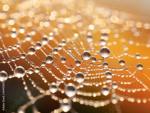 a dew - kissed spider web, intricate details, morning light, golden reflections