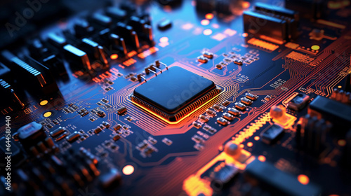 circuit board, vivid colors, electrical components, pinpoint focus, dark background, ambient lighting