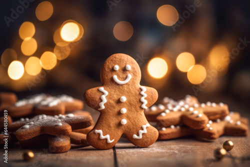 Gingerbread man and gingerbread cookies on blurred bokeh background. 