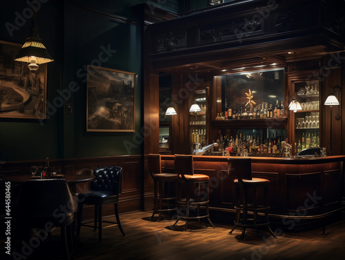 speakeasy with Art Deco flair, hidden door, elegantly dressed patrons, rich wood, bartender crafting cocktails © Marco Attano