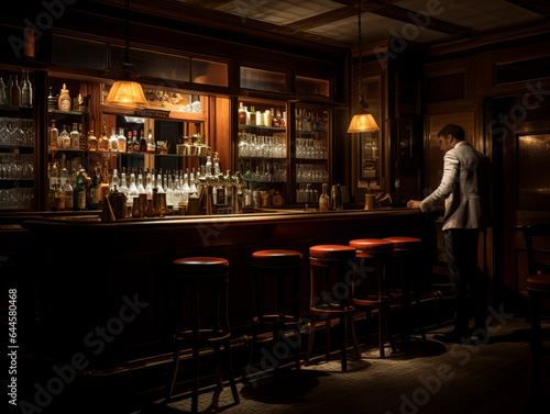speakeasy with Art Deco flair  hidden door  elegantly dressed patrons  rich wood  bartender crafting cocktails