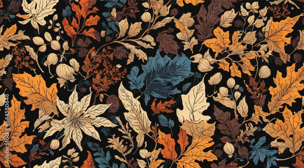 Autumn seamless pattern with different leaves and plants