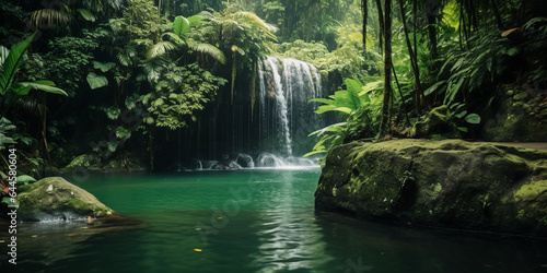 Waterfall cascading into an emerald green pool, surrounded by lush tropical forest, mist rising