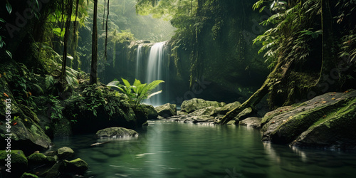 Waterfall cascading into an emerald green pool, surrounded by lush tropical forest, mist rising