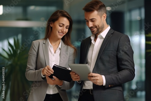 Businessmann und Businessfrau unterhalten sich am Tablet im Büro. Erfolg am Bildschirm präsentieren. Marketing Aufgaben für Büroangestellte. photo