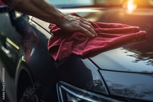 Auto polieren mit einem Mikrofasertuch. Putzen und Glanz vom Autolack hervorholen. Autopflege und Reinigung.