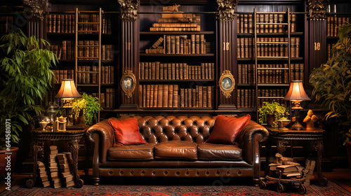 Libraries with dark wood shelves and leather-bound books,