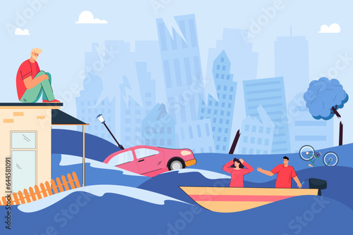 Scared man sitting on roof during flood vector illustration. Cartoon drawing of broken buildings and vehicles, couple in boat, damage to city and property. Damage, catastrophe, meteorology concept