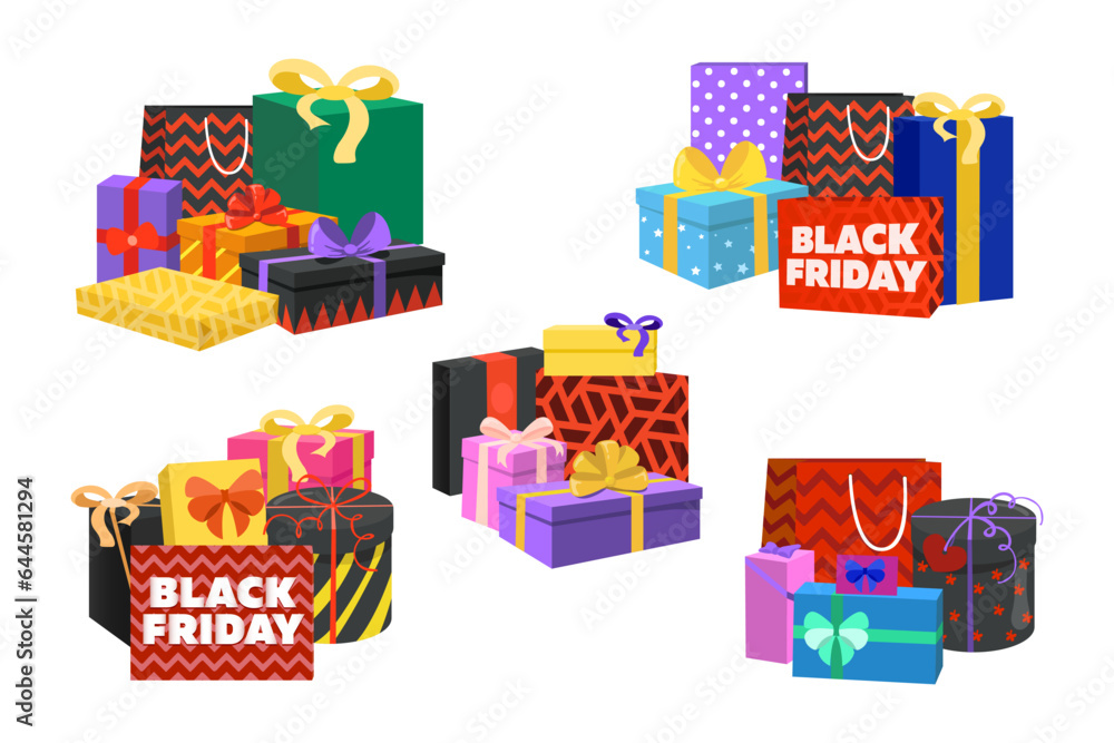 Gift boxes with Black Friday signs vector illustrations set. Collection of cartoon drawings of special offer or discount on presents. Black Friday, shopping, marketing, promotion concept