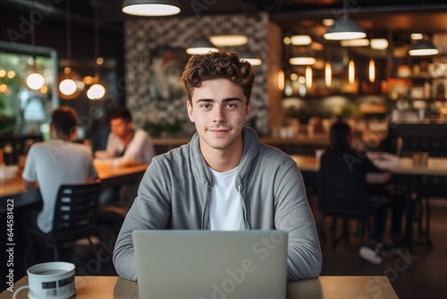 Student am Laptop im öffentlichen Workspace. Business im Internetcafe als digitaler Nomade. Freundliche Person im Restaurant mit Notebook. 